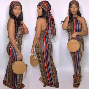 Multicolored Long Maxi Dress With Matching Hair Wrap