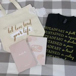 All of the Essentials Bundle - $118 Value Tiktok / Church Notes Journal + Bible Notes Journal + Steadfast Tee + Tote Bag + Bible Verse Inspired Stickers / Chrisitan Gift Idea