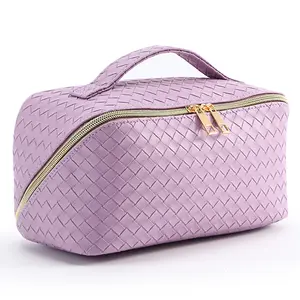 Women's Portable Travel Makeup Bag - Cute PU Leather Waterproof Cosmetic Bags with Large Capacity, Handle, Divider and Flat Lay Organizer Storage Make Up Bag, Travel Toiletry Bags