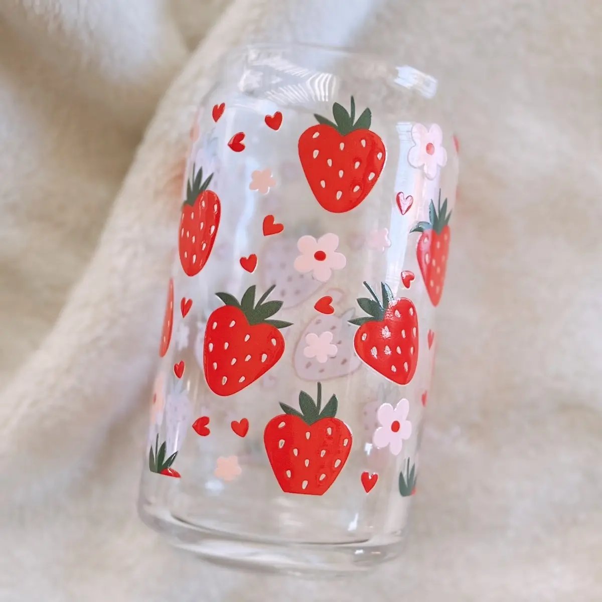 Berry Sweet Glass Cup | 16oz Glass Can | Strawberry Hearts | Floral Strawberry Coffee Glass | Summer Drink | Flower Hearts | Strawberry Milk