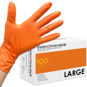 INNOVATIVE HAUS 8 Mil Orange Disposable Nitrile Gloves. Raised Diamond Textured Gloves. Powder Free. Latex Free. Box of 100.