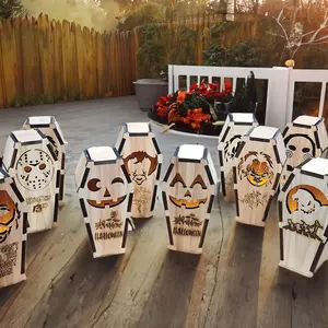 Outside Halloween coffin decor Cedar Wooden Jack O lanterns Spooky Decor