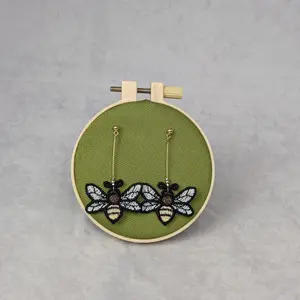 Embroidered Bee Earrings, dangle earrings, 14k gold plated studs, insect jewelry, statement earrings