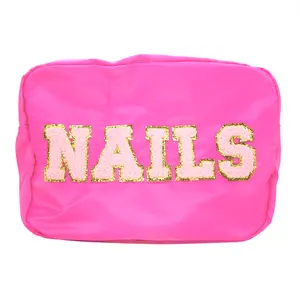 Sparkle & Co. Pink & Gold NAILS Cosmetic Bag Large Varsity Lettering Zipper Pouch Storage For Nail Supplies