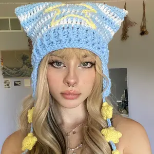 triple star strings cat hat beanie with stripes and embroidered center star