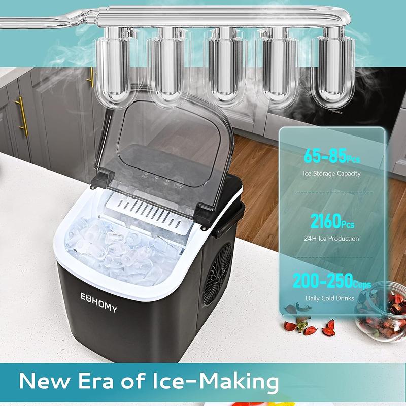 EUHOMY Ice Maker Countertop with Handle, 26lbs in 24Hrs, 9 Ice Cubes Ready in 6 Mins, Auto-Cleaning Portable Ice Maker with Basket and Scoop, for Home/Kitchen/Camping/RV. (2024 New Silver) Utensils
