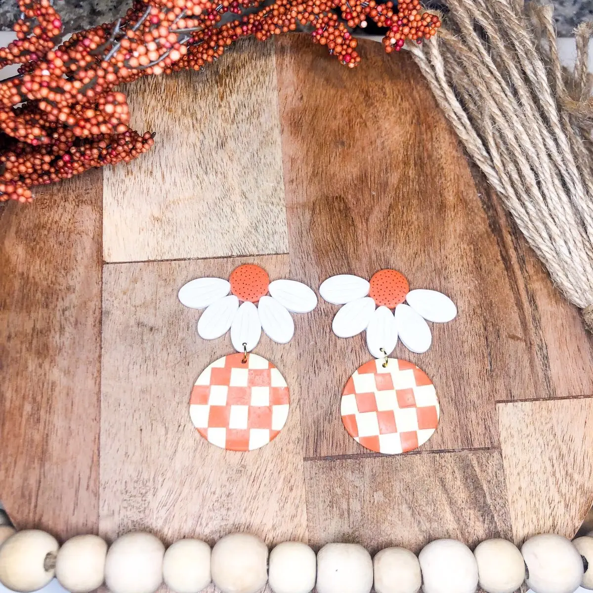 Floral and Checkered Circle Earrings | Handmade | Polymer Clay Earrings | Statement jewelry | Thanksgiving | Halloween | Fall