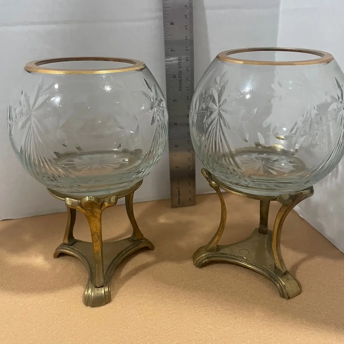 Hand etched glass votive holder on brass stand