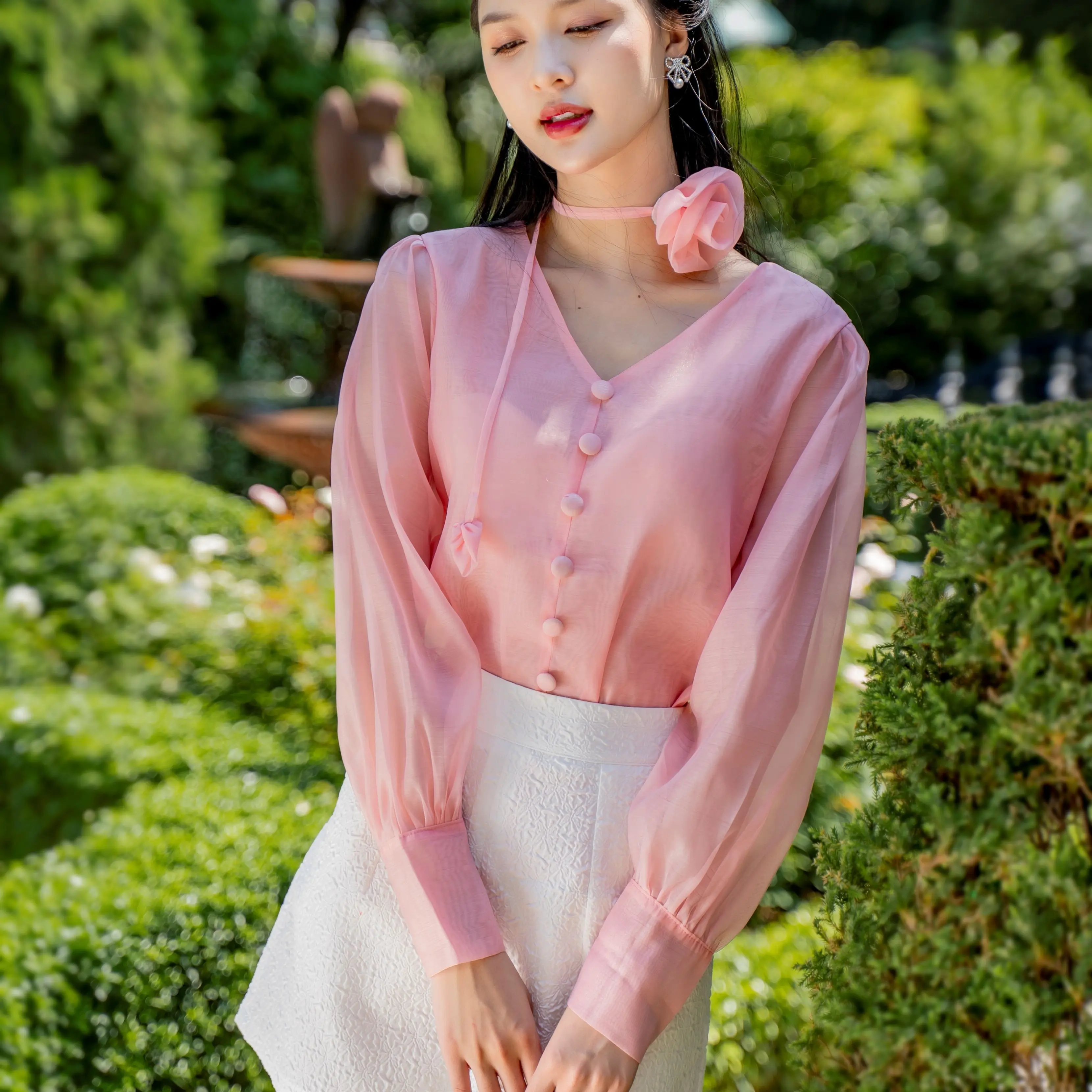 Cynthia - Organza Silk Long Sleeve Blouse | Elegant woman top for special events with flower chocker necklace V-Neck Floral Plain