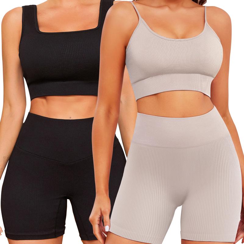 FINETOO 4pcs Workout Sets for Women Ribbed Crop Tank Shorts Active Gym Exercise High Waisted Sports Yoga Outfit Fashion ootd Women Comfortable Set XS-L FINETOO 4pcs Workout Sets for Women Ribbed Crop Tank Shorts Active Gym Exercise High Waisted Sports Yoga Outfit Fashion ootd Women Comfortable Set XS-L