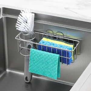 Fmdeals 3-In-1 Sponge Holder for Kitchen Sink, 2 Type Suspension Options (Suction Cups & Adhesive Hook), Hanging Sink Caddy Organizer Rack - Sponge, Dish Cloth, Brush, Scrubber, Soap Tray, 304 Stainless Steel