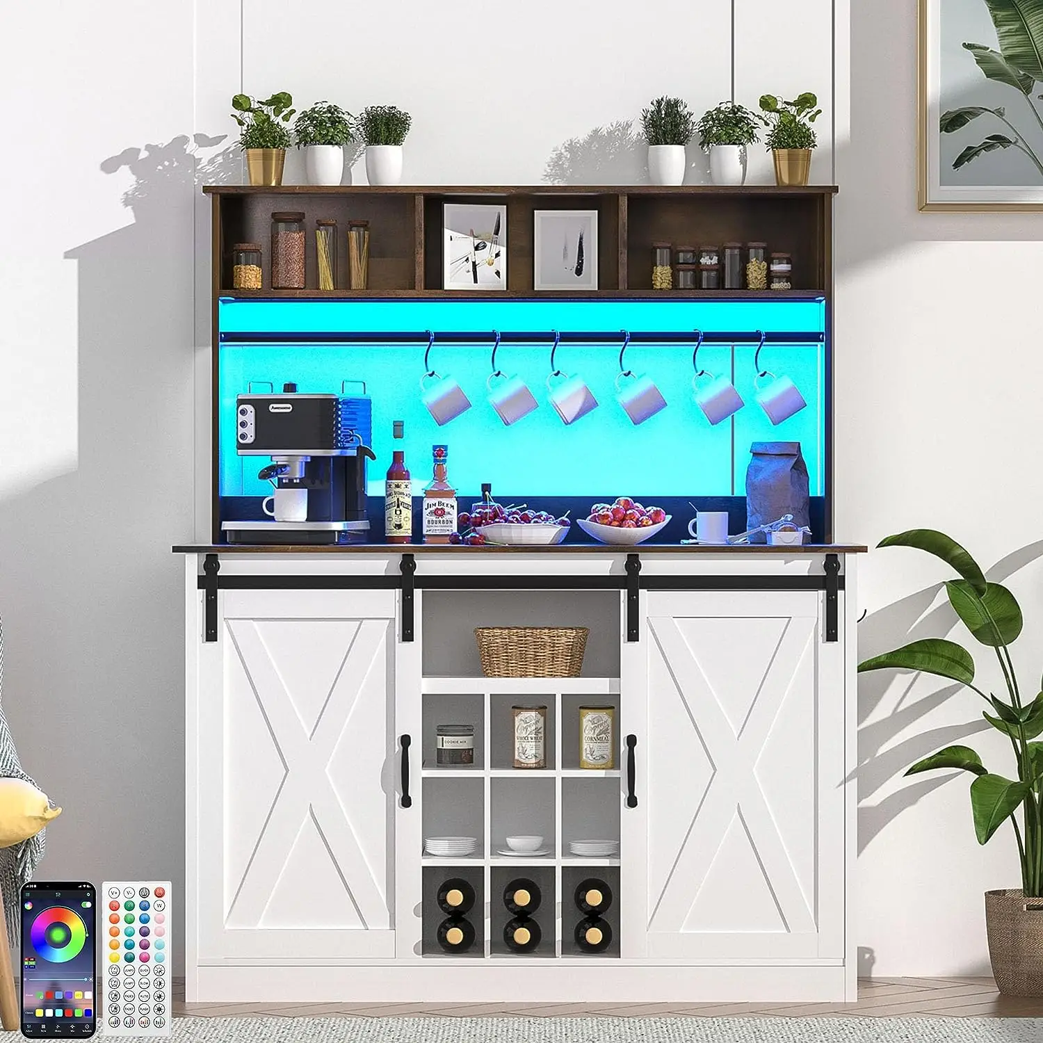 Farmhouse Coffee Bar Cabinet with 6.5-foot Outlets, Adjustable LED Lights, 58'' Wood Kitchen Wine Bar Sideboard for Dining Room