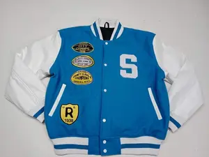 National Champions "S" Varsity Jacket - Blue with White Collar White Sleeves Leather Wool Coats 1938 Casual Men's Coat Medium Size