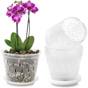 Orchid Pot, 5 Inch 6 Pack Orchid Pots with Holes and Saucers, Clear Plastic Orchid Pots
