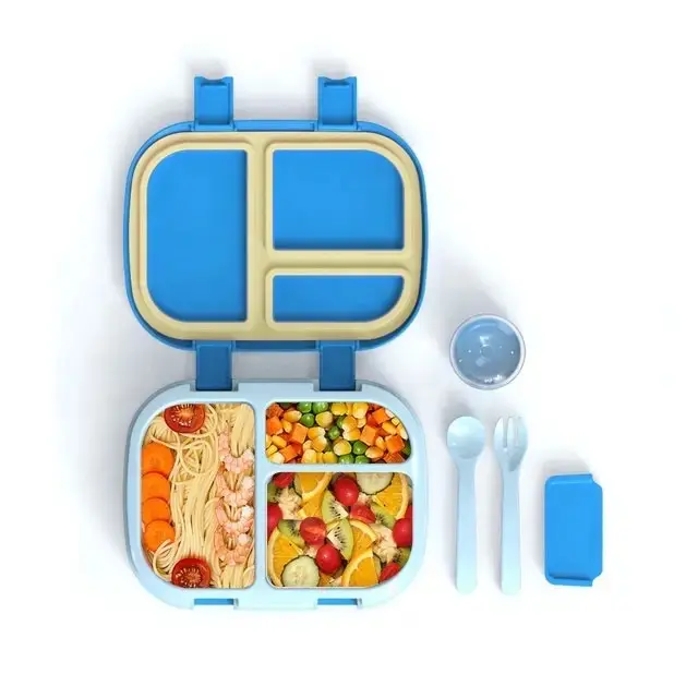 Bento Lunch Box - Leakproof Container with Reusable Fork & Spoon, Dishwasher Safe Kids Tableware, Bright Colors, Sauce Container Included