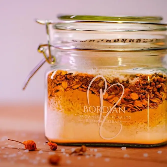 1 4 oz Homemade Bordian Bath Salts, Organic, Homemade, Authentic, Chamomile essential oil and flower, Coconut milk powder, Oats, Eczema,Gift Organic Fragrance Free Silicone Free Hydrating