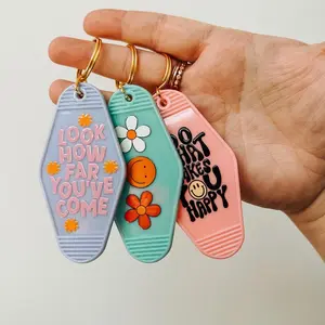 Happy Keychain Collection, Smiley and Flowers, Do What Makes You Happy, Look How Far You’ve Come, Retro Motel Keychains