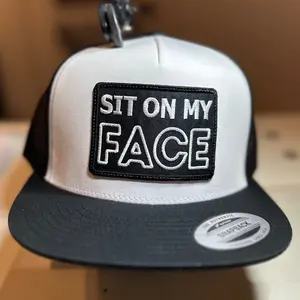 Sit On My Face Flat Bill Trucker Hat - White front/ Black Back 6006 Hat