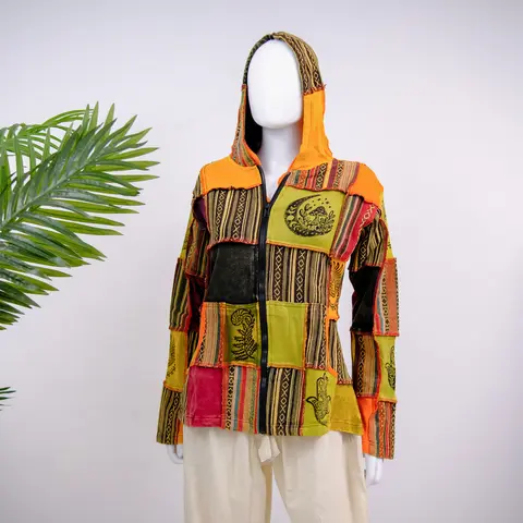 Patchwork Jacket with Hoodie, Handmade Organic Cotton Unisex Fall/Winter Sweater, Hippie Pull Over, Boho Jacket, Festival Fashion, Zipped Hoodie, Earth tone Block Print Jacket