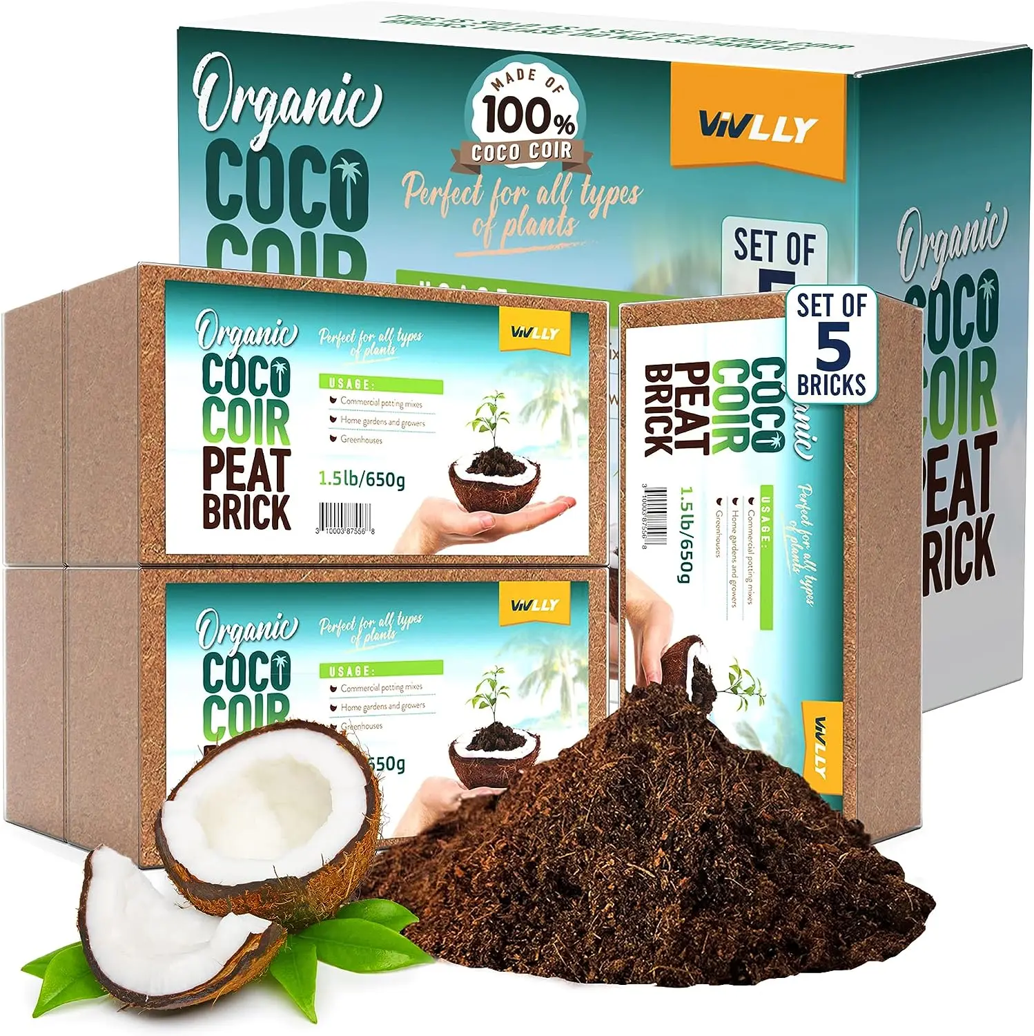 Vivlly Compressed Coconut Coir 5-Pack - 1.4 lb Bricks, Organic pH-Adjusted Expanding Garden Substrate, Planting Soil Additive for Herbs, Flowers, Vegetable Gardens, Seed Starting, Outdoor Plants & Potting Needs, Organic Soil For Vegetable Garden