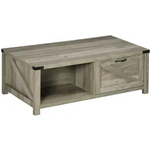HOMCOM Farmhouse Coffee Table with Storage and Drawer, Rustic Coffee Table for Living Room, Open Shelf, Grey Oak