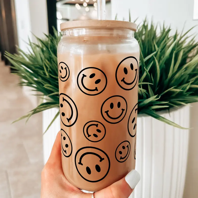 Smiley Face 16oz Frosted Glass Can Cup with Bamboo Lid & Straw