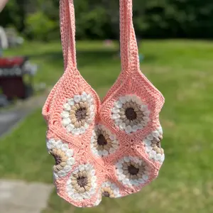 Pink granny square flower bag