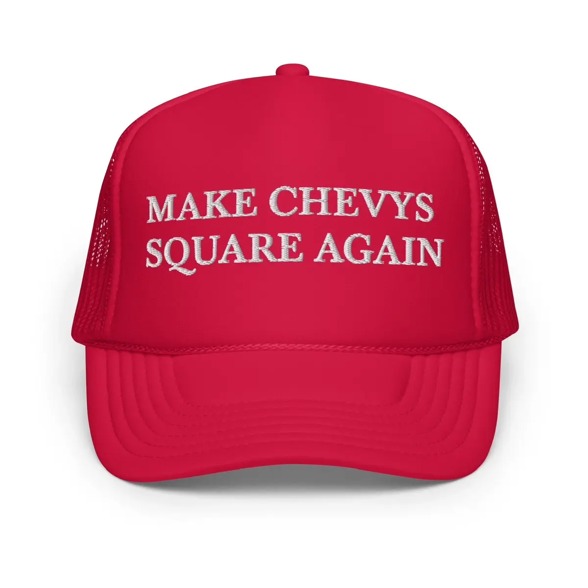 C10 Trucker Hat, Make Chevys Square Again Quality Foam Cap for Outdoor Wear, Unisex Design with Pre-Curved Visor and Moisture-Wicking Sweatband, Quality Caps, Unisex Fit, Foam Panel, One Size
