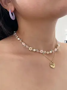 Jewelry by Hao Beaded Pink Daisy Choker Necklace with Pearls Jewelry - Sakura