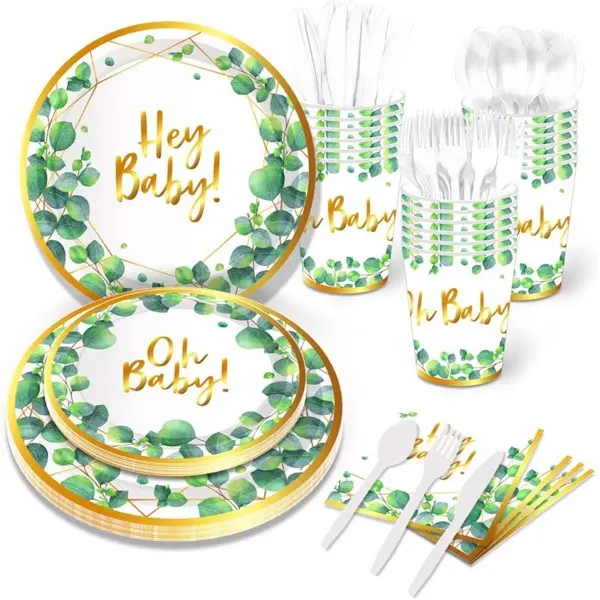 Sage Green Baby Shower Plates Hey Baby Gold Eucalyptus Oh Baby Birthday Tableware Green Floral Disposable Paper Plate Party Supplies