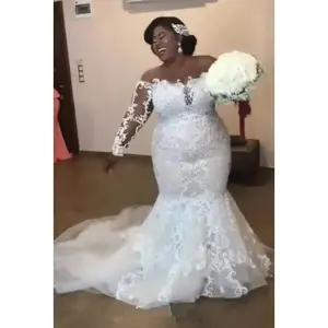 C2023-LS40b - sheer illusion long sleeve plus size fit-to-flare lace wedding gown