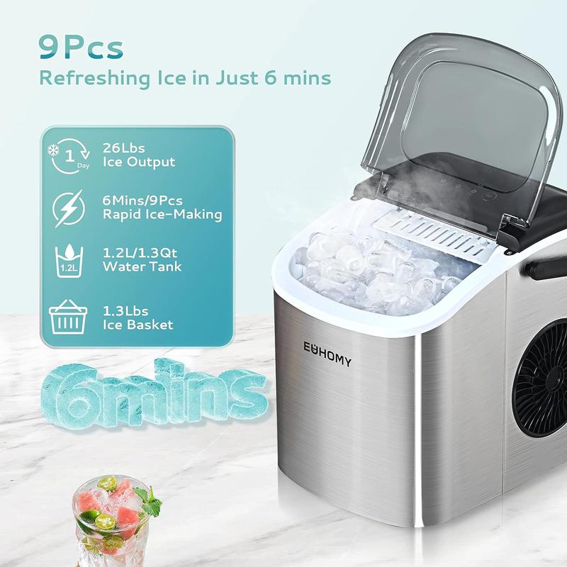 EUHOMY Countertop Ice Maker  with Handle, 26lbs in 24Hrs, 9 Ice Cubes Ready in 6 Mins, Auto-Cleaning Portable Ice Maker with Basket and Scoop, for Home/Kitchen/Camping/RV.  (2024 New Silver)