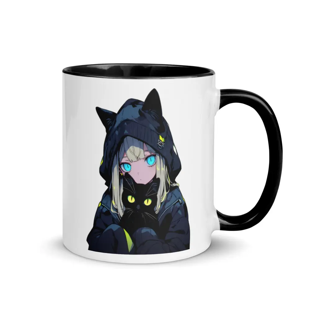 [Anime Cat Series] Mug with Color Inside - Girl and Black Cat