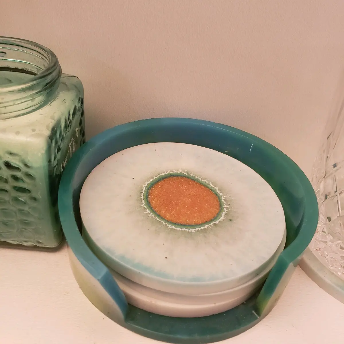 set of 4 resin coasters with holder