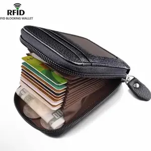 New Men Black Wallet Credit Card Holder Genuine Leather RFID Blocking Zipper Pocket Thin