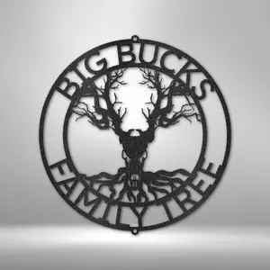 Deer Skull and Tree Monogram Custom Family Name Monogram Metal Wall Sign Decor Hanging Steel Decoration