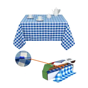 Blue Gingham Checkered Table Cloth - Self Cutter Picnic Durable Table Cover Plastic, Tablecloth Rectangle Roll 54 Inch X 100 Feet