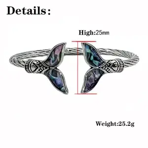 2023 Chinese-style dual-tone electroplated koi and tang grass pattern bracelet, vintage antiqued silver-plated alloy bangle. Gradient-colored mermaid genuine seashell inlay.