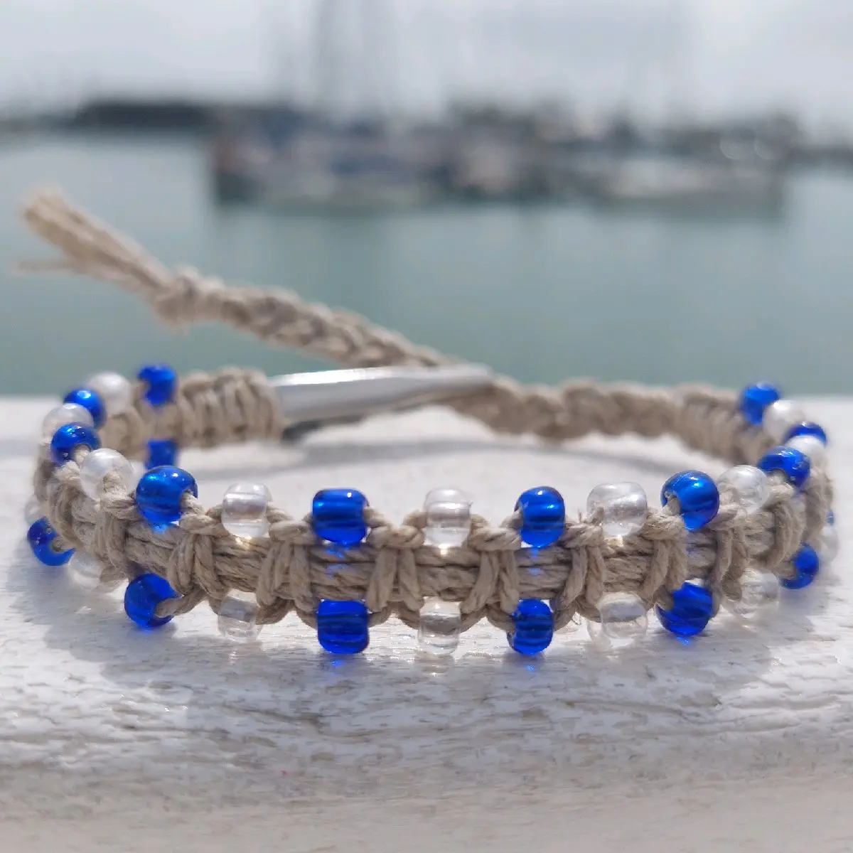 Blue Glass Beaded Adjustable Alligator Clip Natural Hemp Bracelet