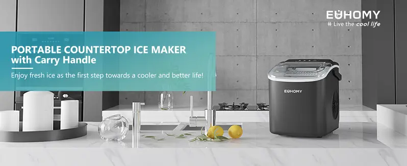 Product Introduction of EUHOMY Ice Maker Countertop with Handle, 26lbs in 24Hrs, 9 Ice Cubes Ready in 6 Mins, Auto-Cleaning Portable Ice Maker with Basket and Scoop, for Home/Kitchen/Camping/RV. (2024 New Silver) Utensils 0