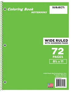 Wide Ruled Green Notebook with 72 Numbered Pages.