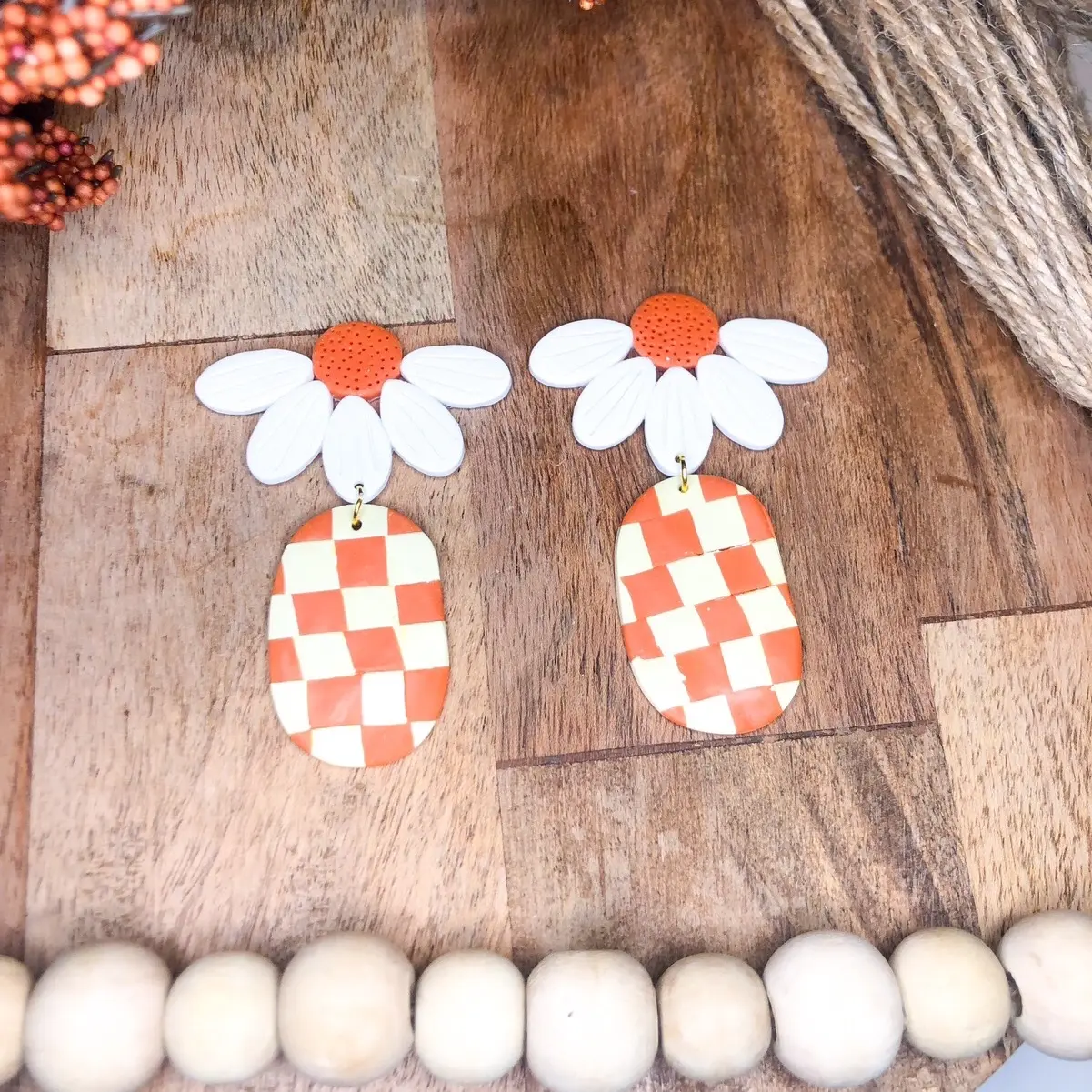 Checkered Flower Fall Earrings | Polymer Clay Earrings | Handmade | Thanksgiving | Fall | Halloween