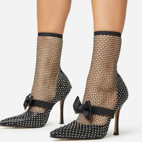 Black Fishnet Diamante Ankle Bootie with Bow - Gazillion