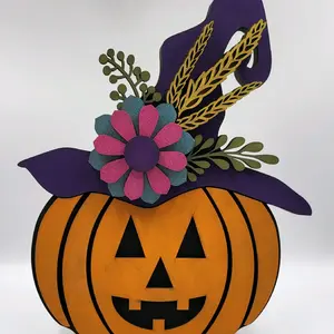 fall decoration colorful painted witchy pumpkin, wood jack-o-lantern fall Halloween porch sign