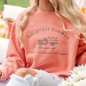 Harvest Farms Embroidered Comfort Colors Crewneck Sweatshirt Fall Halloween Vintage Style Farm Orange Pumpkin Patch Spooky Season