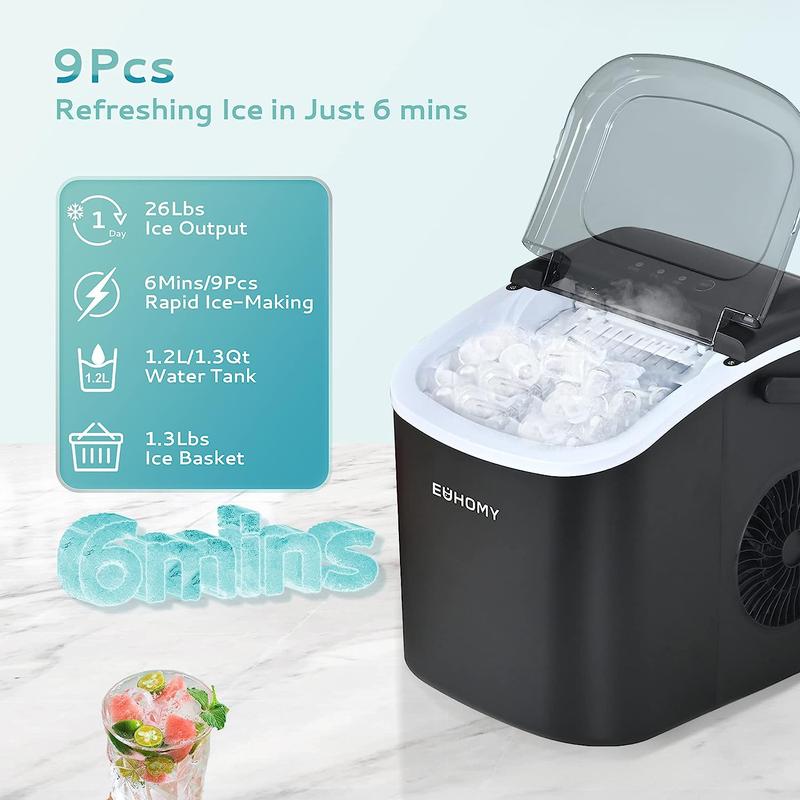 EUHOMY Ice Maker Countertop with Handle, 26lbs in 24Hrs, 9 Ice Cubes Ready in 6 Mins, Auto-Cleaning Portable Ice Maker with Basket and Scoop, for Home/Kitchen/Camping/RV. (2024 New Silver) Utensils