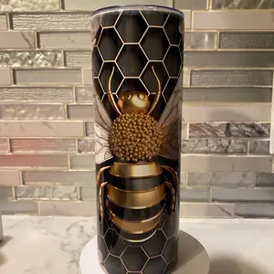 3D Black and Gold Bee Tumbler Bottle Drinkware Lid Stainless Steel Straw Water Bottles Mug