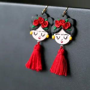 Frida Kahlo Earrings Red Tassel - Elegant Polymer Clay Female Hook Earrings with Stainless Steel Hooks