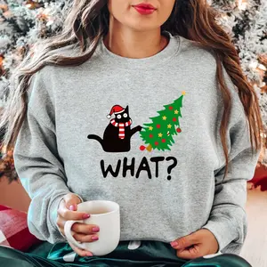 What Cat Christmas Sweatshirt, Funny Black Cat Hoodie, Cat Lover Gift Sweater, Unisex Christmas Gift Sweatshirt, Christmas Tree Long Sleeve.