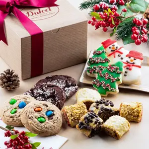 Dulcet Classic Holiday Treats Gift Box with Vanilla Tree Cookies, Oatmeal Cookies, Colored Candies, and Rugelach